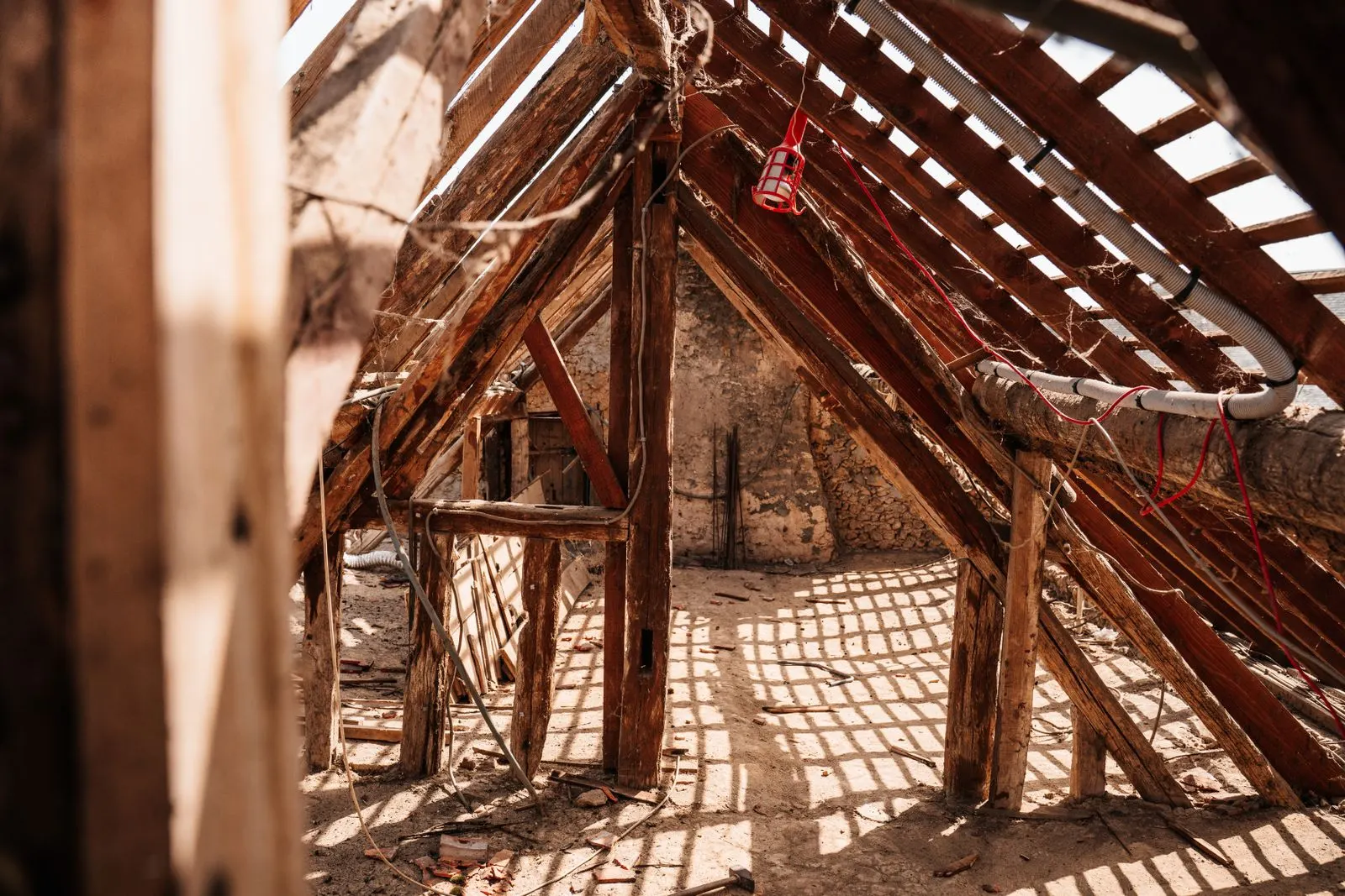 Roof timbers and rafters exposed during a re-roofing project in Dudley
