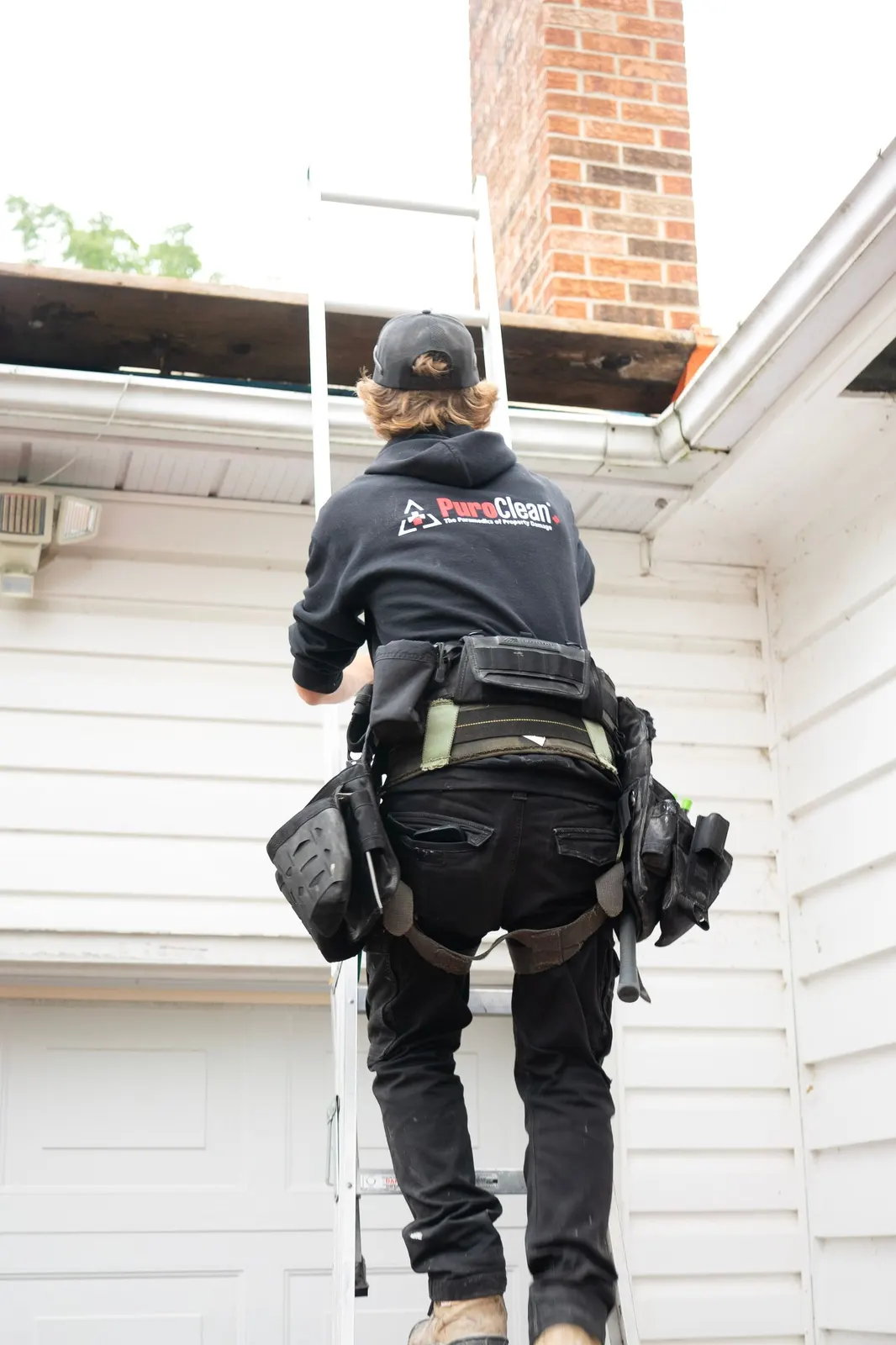 Roofer on a ladder carrying out a chimney inspection in Dudley